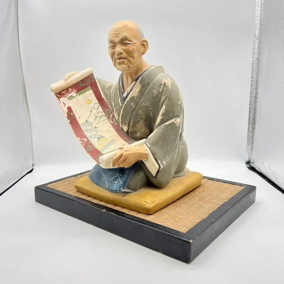 Hakata Urasaki Clay Doll Man Ancient Scroll Moon Painting With Tatami Mat Stand - Picture 3 of 15